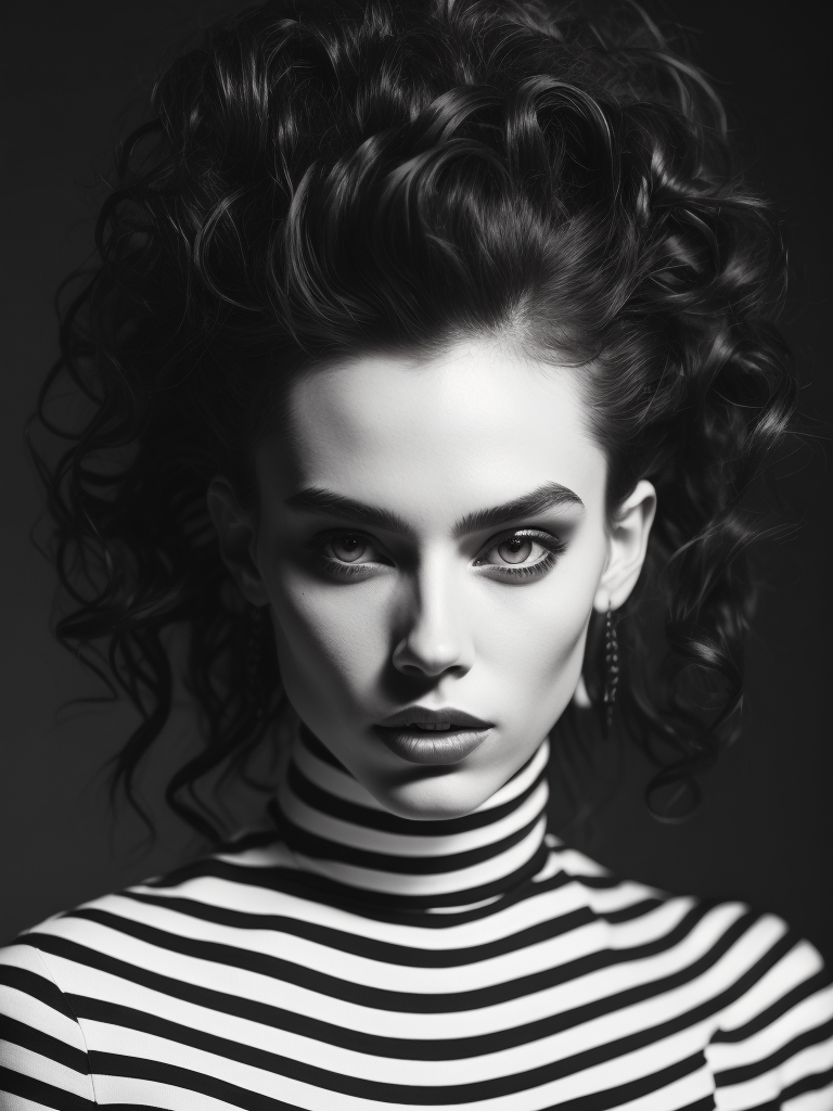 Pale-skinned girl model, wearing a black and white striped dress with a high collar, contrast lighting, Bright red make-up, Black and white curly long hair, dark background, fashion model, magazine cover, professional shot,