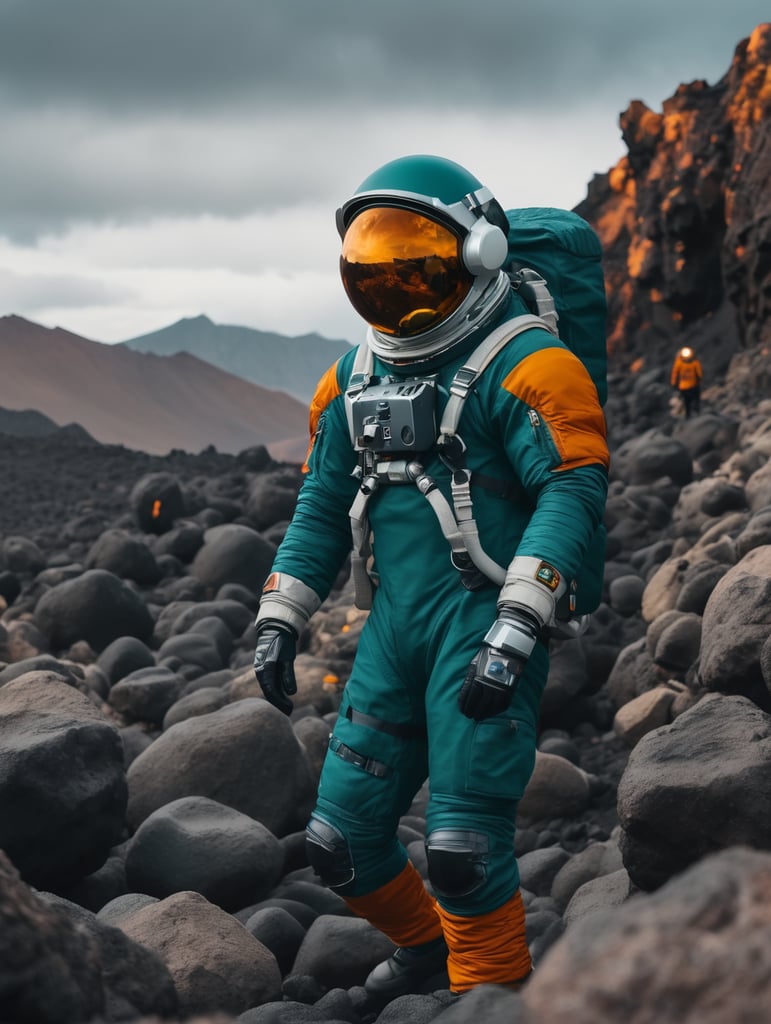 An astronaut among the volcanic rocks, cold weather, dark teal and amber, Sony A7 IV
