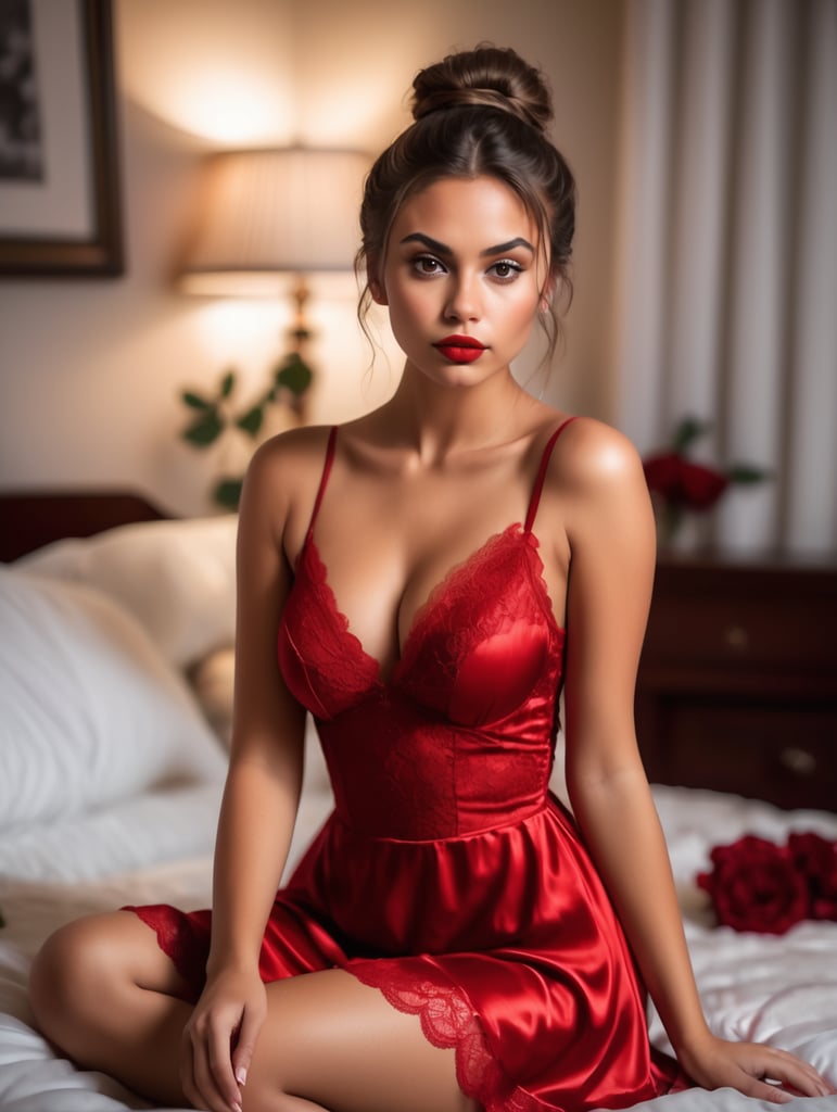 High quality image, a beautiful 22 year old brunette girl, slightly tanned, messy bun, red lipstick, medium bust, wearing a short red lace trim satin nightie, sitting on a bed scattered with roses in a dimly lit bedroom, dramatic lighting, blurred background