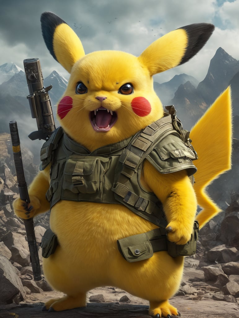 pifatchu is the angry fat brother of pikatchu. pifatchu has fangs and claws to shred you face, he wear military clothes and hold an AK