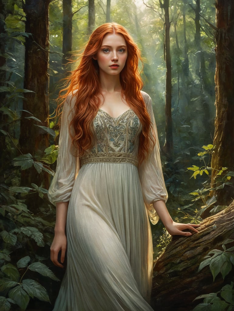A red-haired young beautiful girl with long hair and a light dress against the backdrop of a dense forest, painting, oil, water color, Gouache, Stained Glass, style of Edward Burne-Jones