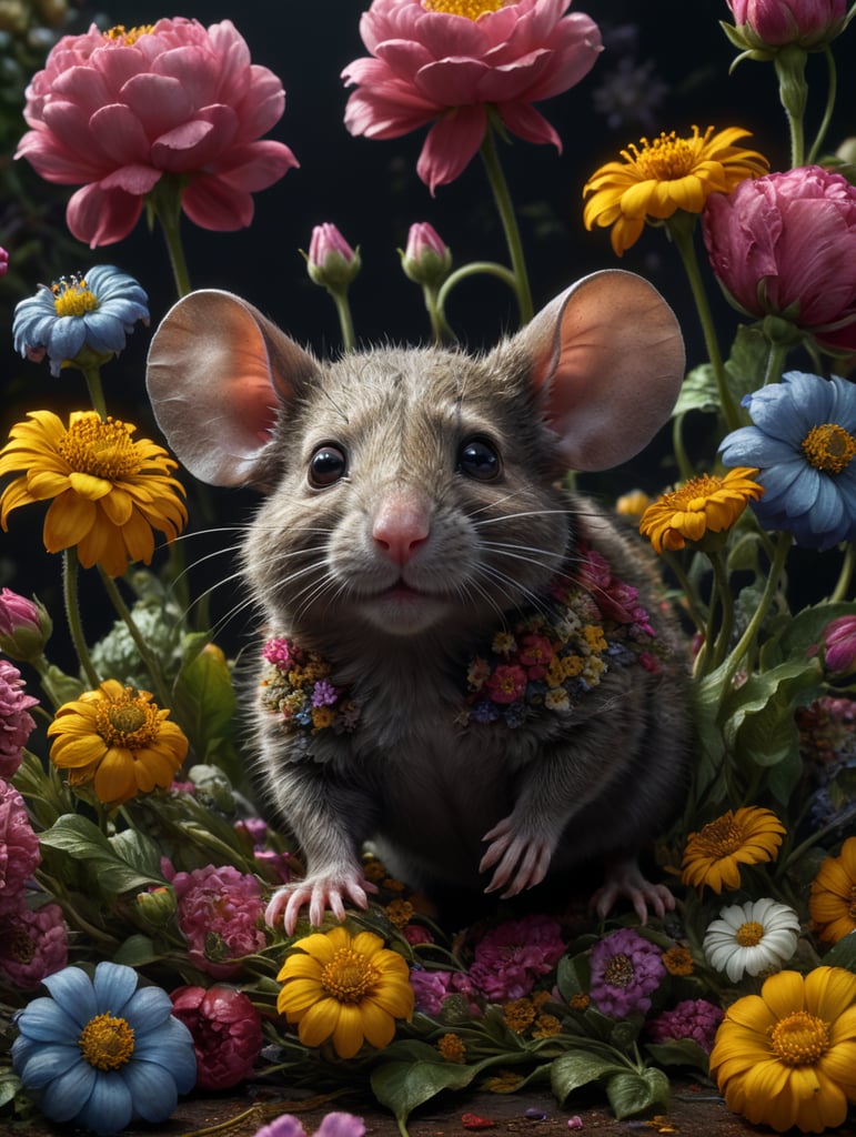 A mouse in flowers with contrasting colors