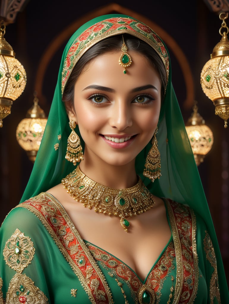 Create a hyper-realistic photograph of a 20-year-old Arabic female with green eyes, wearing a hejab and a vibrant dress with detailed embroidery and jewelry. The subject is smiling and standing in a studio with colored lights, with a dynamic and confident pose. The background is colored and complements the subject’s clothing, and the photograph has sharp focus and high resolution. The subject’s skin and eyes are rendered in exquisite detail, with a warm and inviting expression that exudes grace and elegance
