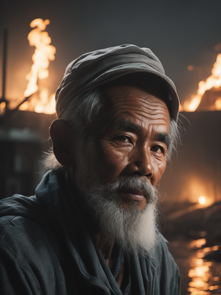 A close-up of a Vietnamese old man's face, illuminated by the light of a fire, with a backdrop of a dirty river and a shanty town.