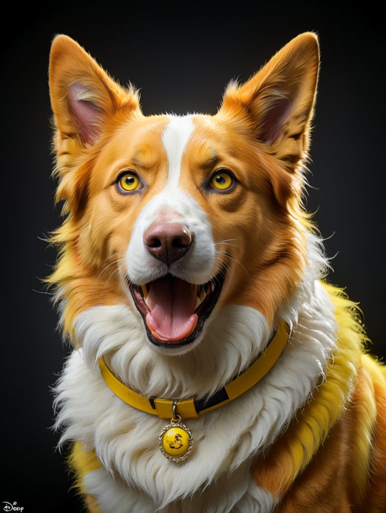 a disney pixar inspired movie poster with title Leo in the image a yellow french border collie with a yellow ears and white strip on the nose