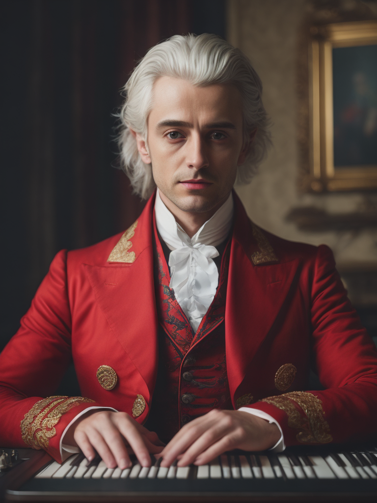 Wolfgang Amadeus Mozart in a 18th century red suit making music on a DJ table, Against the background of the interior of the palace full of guests, studio photo, professional photo, Bright and rich colors, Detailed image, detailed face,