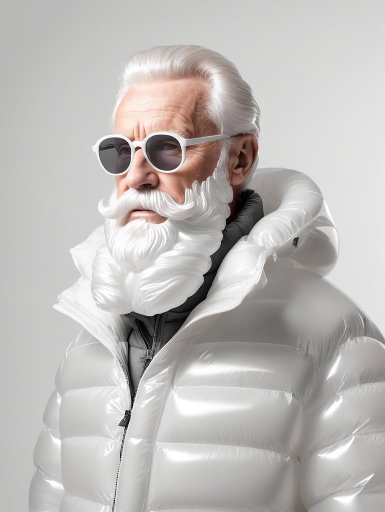 Inflatable white minimalist old man with beard puffer jacket, transparent, isolated, grey background, mockup