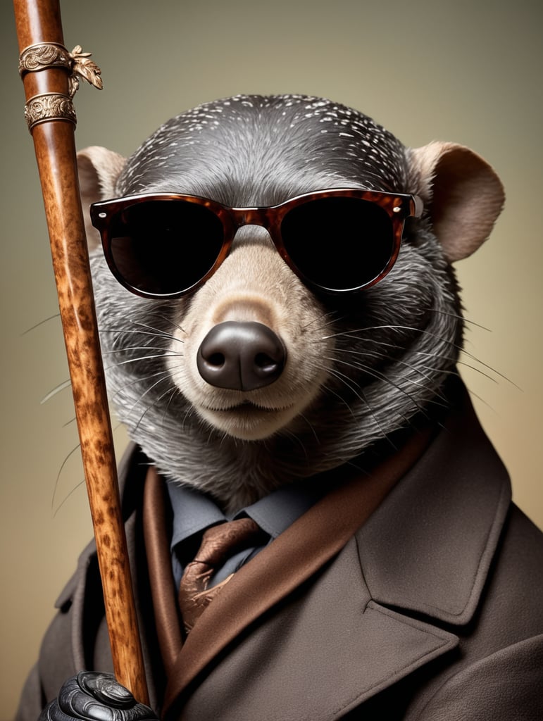 In the image, there is an intriguing blind mole, elegantly attired with sunglasses perched atop his nose, a walking stick in his hand, and a blindfold gently resting on his arm. This striking portrait, perhaps a photograph, captures the essence of the mole's condition with remarkable clarity. The mole's fur is depicted in various hues, displaying a mix of soft browns and velvety grays, while the sunglasses, meticulously crafted, exude an air of sophistication. The walking stick, elaborately carved and polished, adds an element of dignity to the mole's posture. Overall, this exquisitely detailed image invites viewers to contemplate the unique perspective and resilience of this fascinating creature.