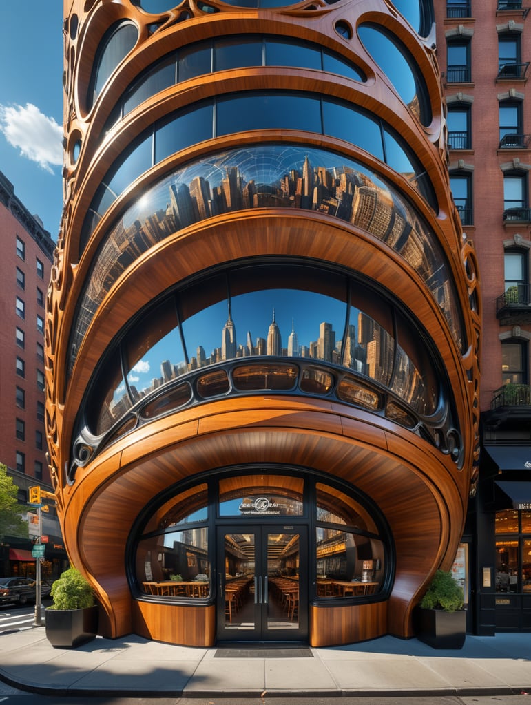 Ai Weiwei and Albert Gleizes style. Wide viewing angle lens architectural photo style bentwood hyper realistic hyper detailed futuristic neocosmic exterior architecture restaurant facade on the form of Fluid geometric lines, Ai Weiwei and Albert Gleizes architecture styles, epic Alberto Biasi, day's ambience, sunny day, in new york city 2040s, natural lighting, camera nikon, 8k, --s1000 --style raw, detailerd and intricate, Ai Weiwei and Albert Gleizes.