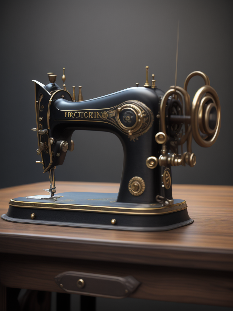 Vintage sewing machine, sharp focus, highly detailed, Dark gradient background, Muted colors