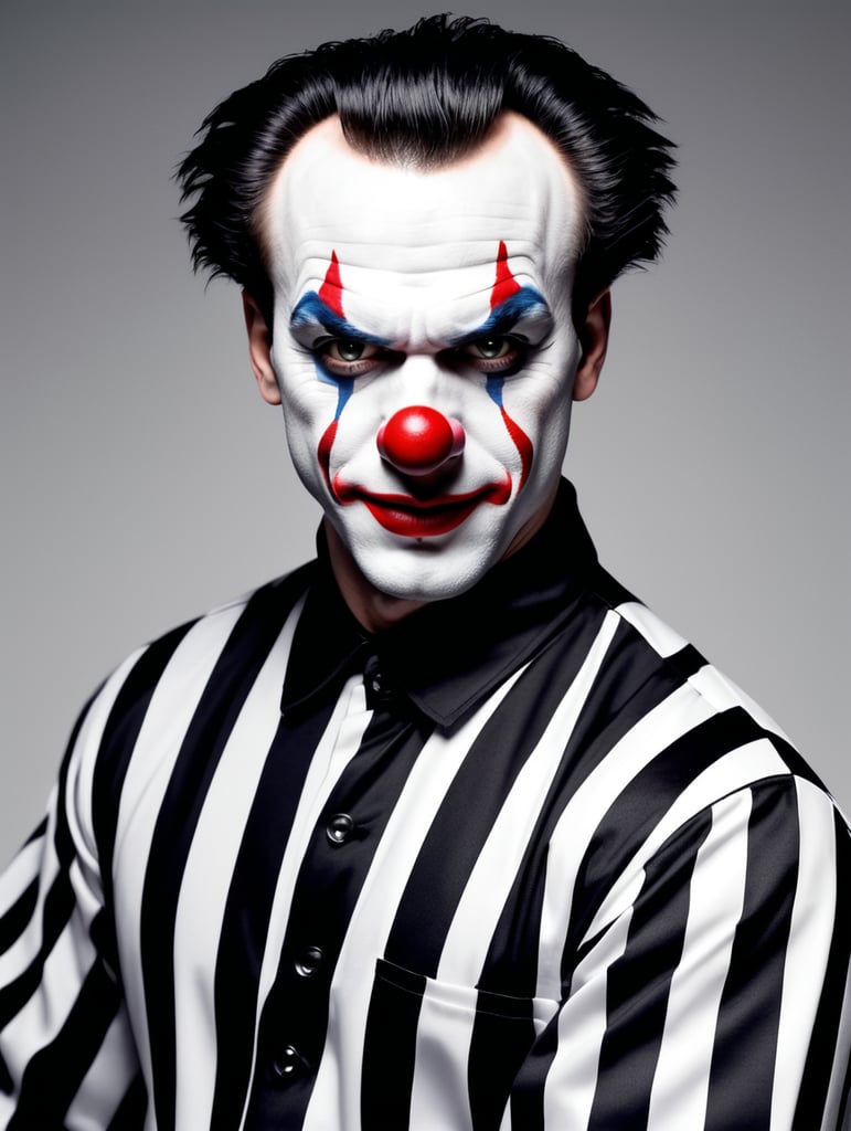 clown in a black and white stripes prison jumpsuit uniform