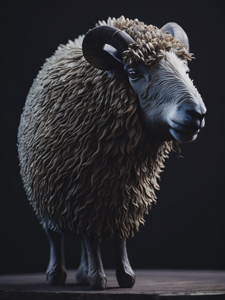 a wood carved sheep, deep carved details, black wood, deep atmosphere
