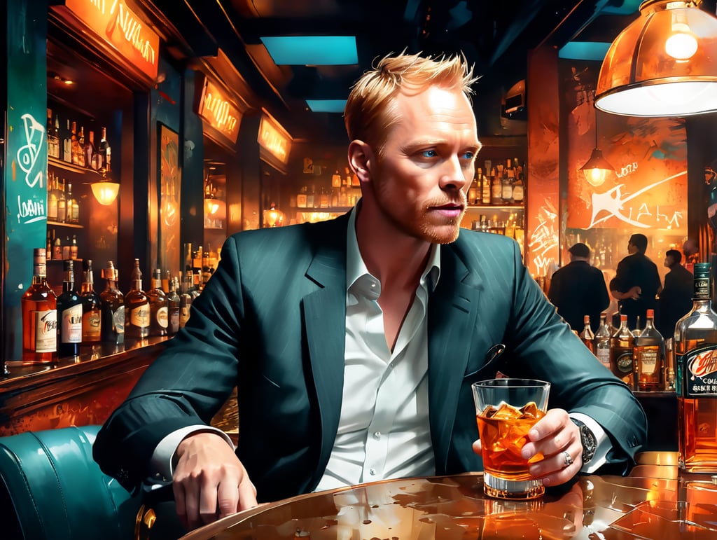 Paul Bettany down on his luck drinking scotch in a sleazy bar
