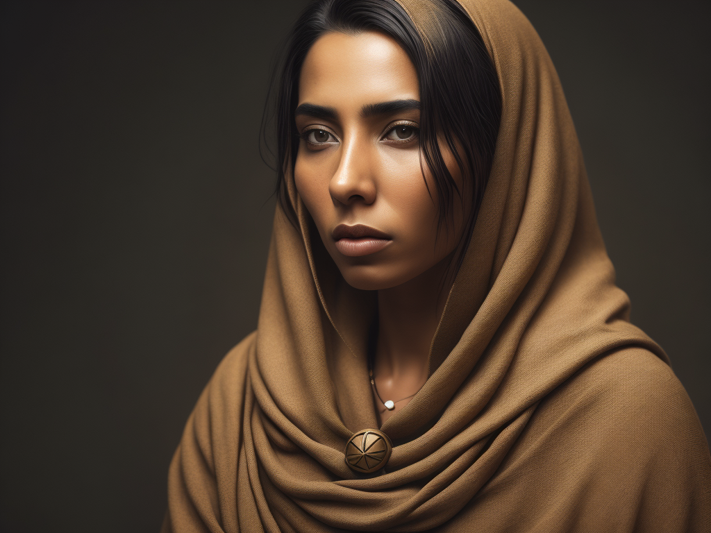 a photorealistic image of an Berber woman from the Bible,National Geographic style, she has a noise ring piercing, face line minimalist tattoos, side view, crossed hands, brown eyes, olive skin, she wears see green and blue wrinkled linen tunic, tanned, hair flowing in the wind, extremely detailed, realistic face, natural skin texture, extremely detailed skin with skin pores, peach fuzz, wearing red linen clothes, Israeli beauty, award winning photo, nikon d850 film archival photography, extremely detailed, amazing, fine details, rich color, texture hyper realistic, spectacular lighting, unreal engine, trending on artstation, 3 4 body view, realistic photo, RAW photo, high quality, high resolution, sharp