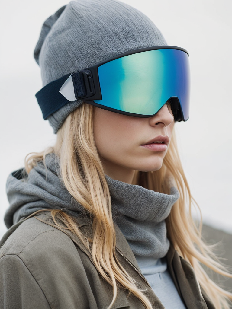 portrait of a girl in a hat and goggles for snowboarding, blond hair, white background