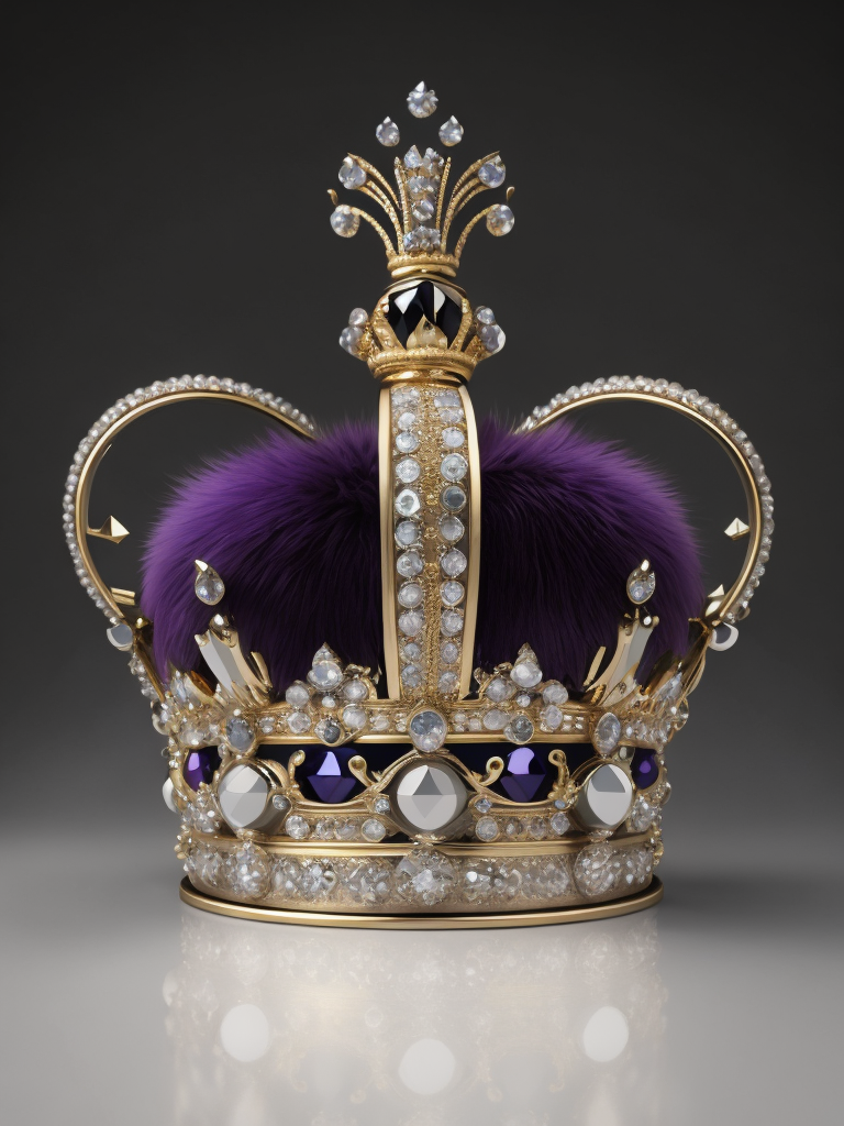 St. Edward’s Gold Crown adorned with gems, Purple velvet, White fox fur, Gray gradient background, Incredibly high detail, deep & bright colors, contrast light