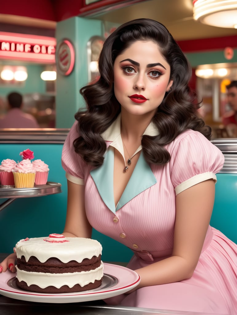 Rosa Salazar is a very busty waitress, she wears a very skimpy waitress outfit with much cleavage, she has long wavy brunette hair and smoky eyeshadow, she has freckles, she serves a piece of cake on a platter, background is a 50s diner