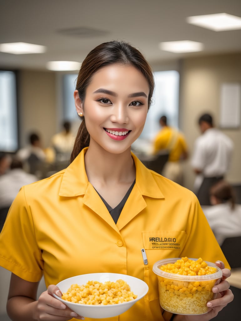 estudiante femenino de nutrición con uniforme amarillo y muestra de comida en la mano en un consultorio