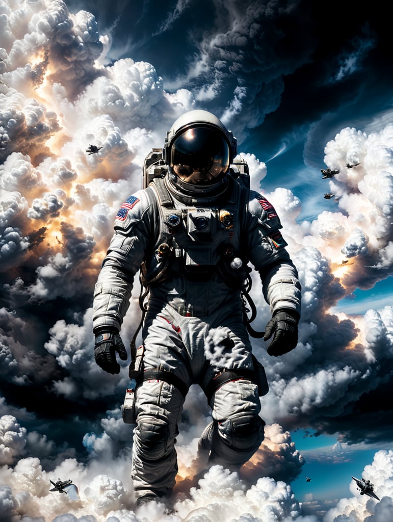 astronaut cloud surfing on white fluffy clouds