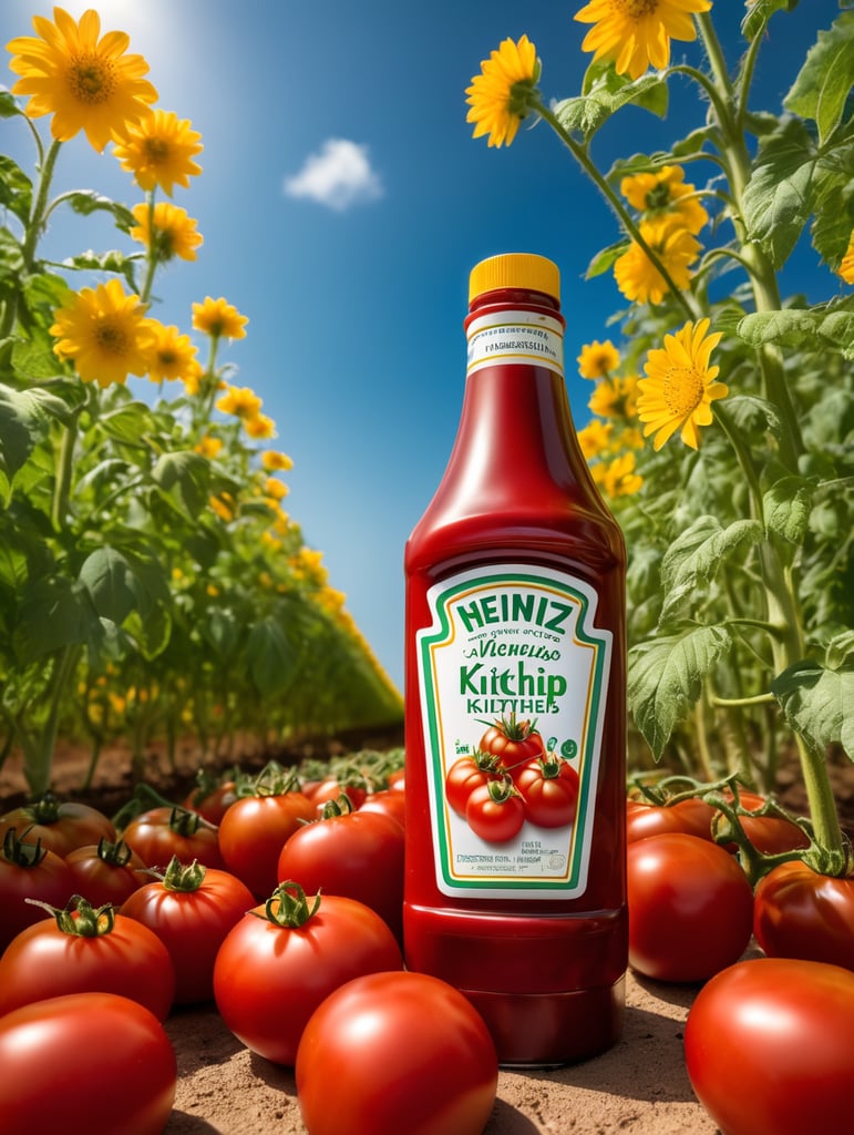 several red tomatoes stacked together forming a Heinz ketchup bottle with some leaves around it, beautiful tomato plantation in the background and a blue sky, short grass and yellow flower + yellow flowers + creamy light + ambient lighting + very beautiful colors