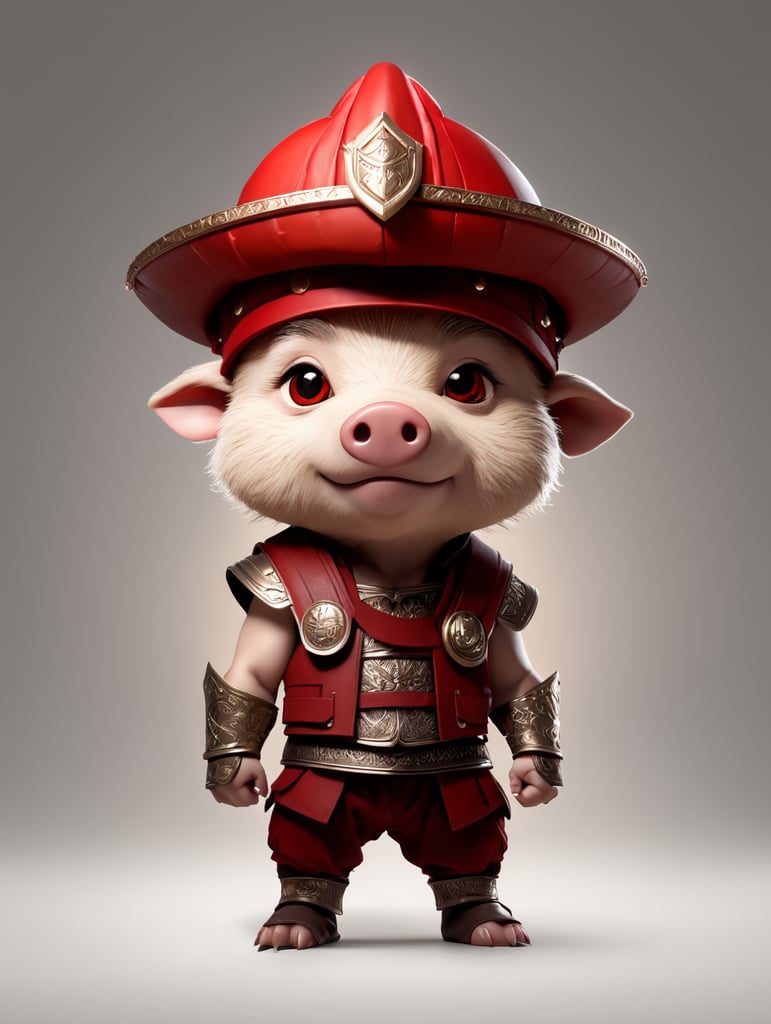 boar, gladiator, hat, simple background, pants, red headwear, vest, chibi, cinematic light