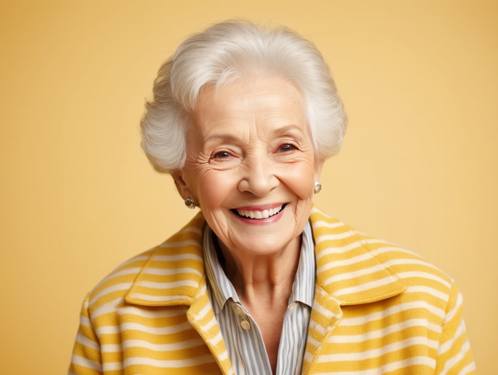 Smiling and cheerful old lady in a striped jacket on an isolated yellow background