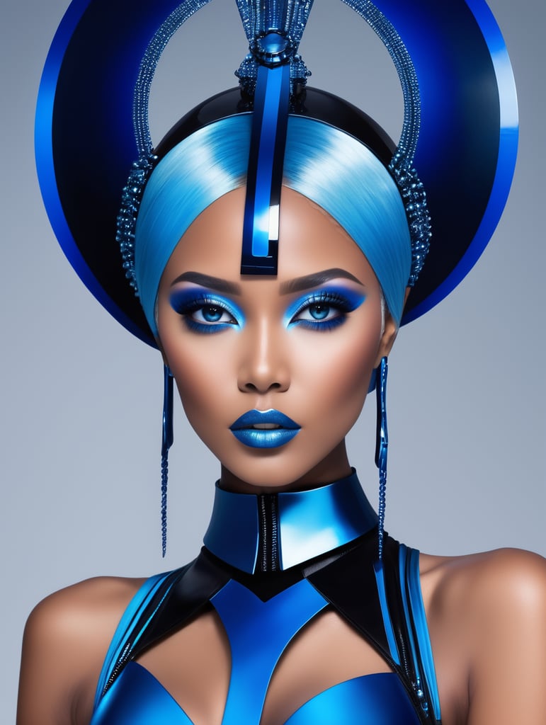 A beautiful blue haired size 9 black female pop artist all blue sleek futuristic outfit, with huge headpiece center piece, clean makeup, with depth of field, fantastical edgy and regal themed outfit, captured in vivid colors, embodying the essence of fantasy, minimalist, film grain