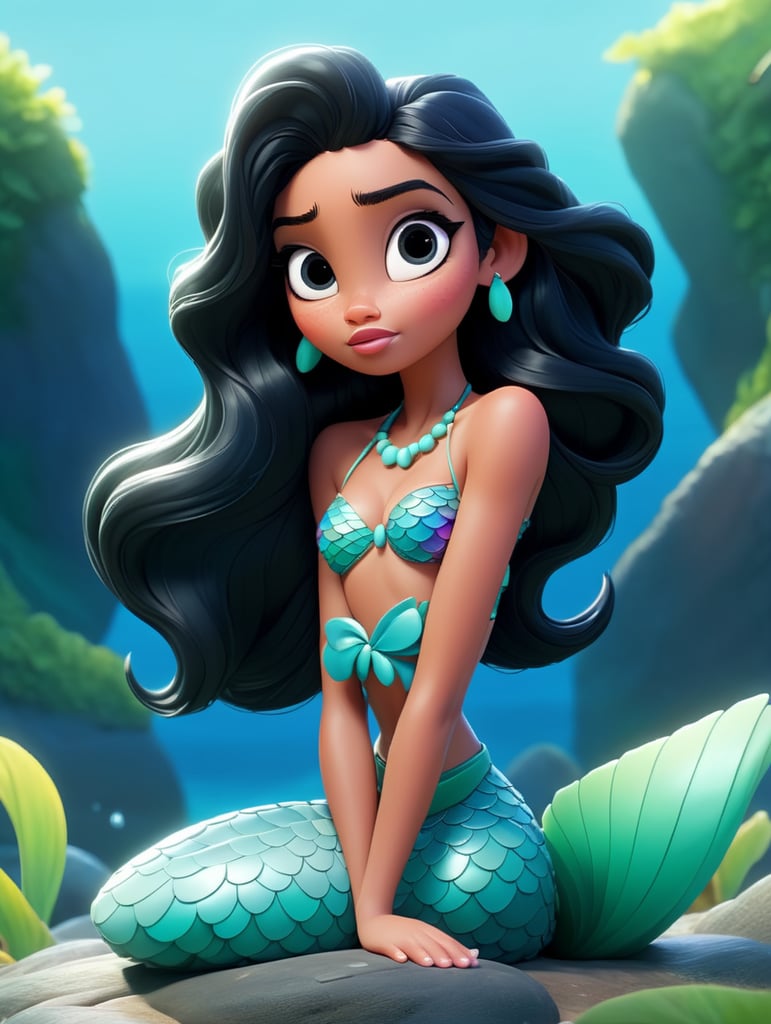 Cartoon of a young hawaiian mermaid with black hair on a beautiful island, sitting on rock.