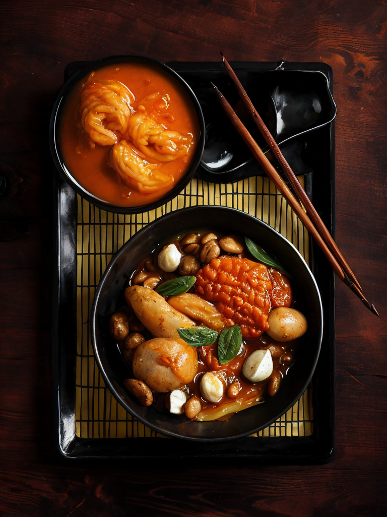 different cooked asian foos on a plate, deep atmosphere, juicy, tasty, sharp on details