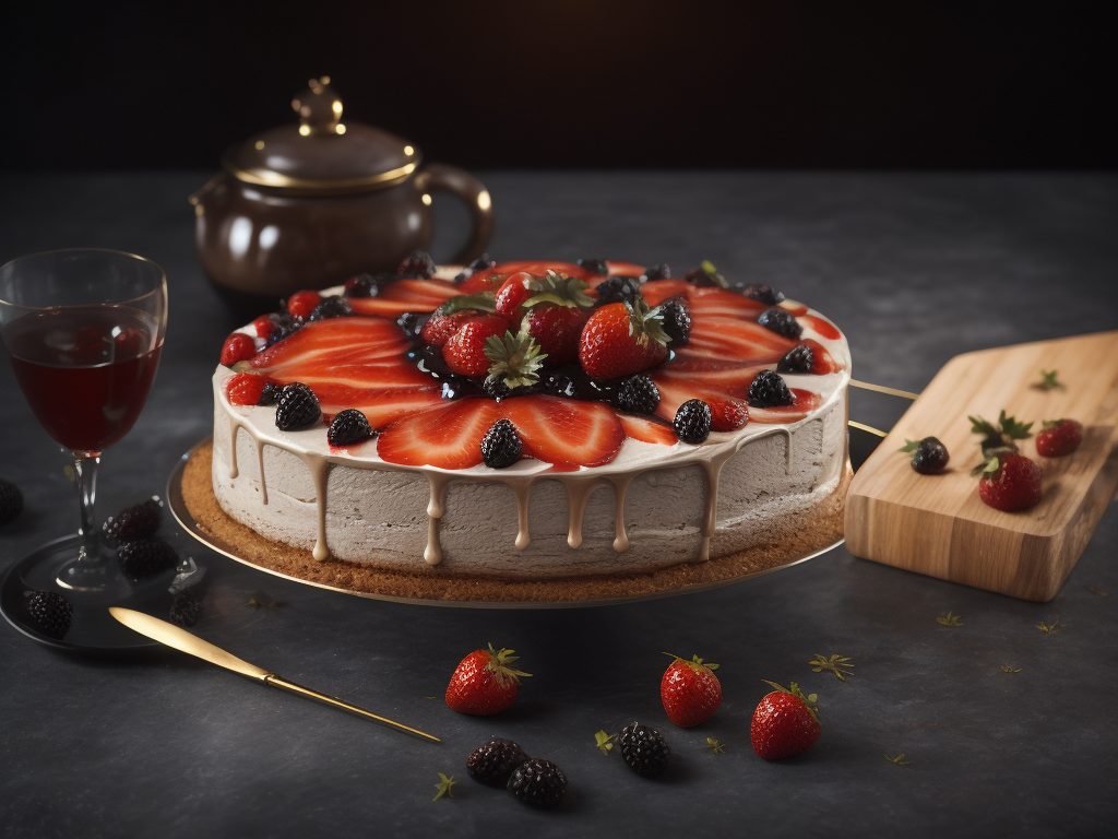 a strawberry and blackberry cake, deep atmosphere, sharp on details