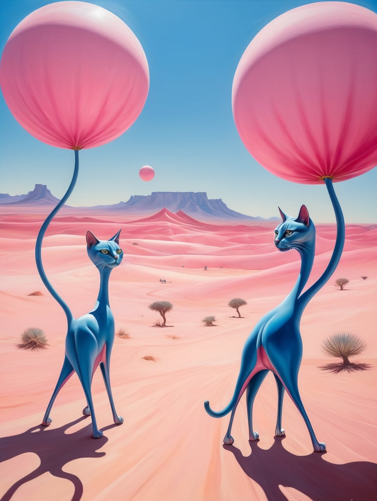 Pink cats in a desert. Painted in the style of Salvador Dali. Very hot and sunny rays with blue sky. Very long and thin legs