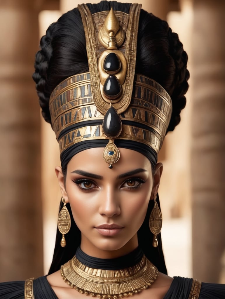 beautiful ancient egypt queen, dark cloth, dark hair, brown eyes, head accessories