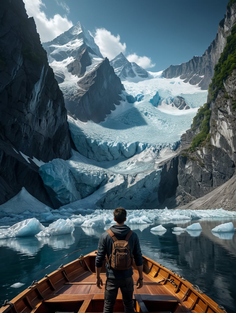 a young guy on a boat in front of a glacier