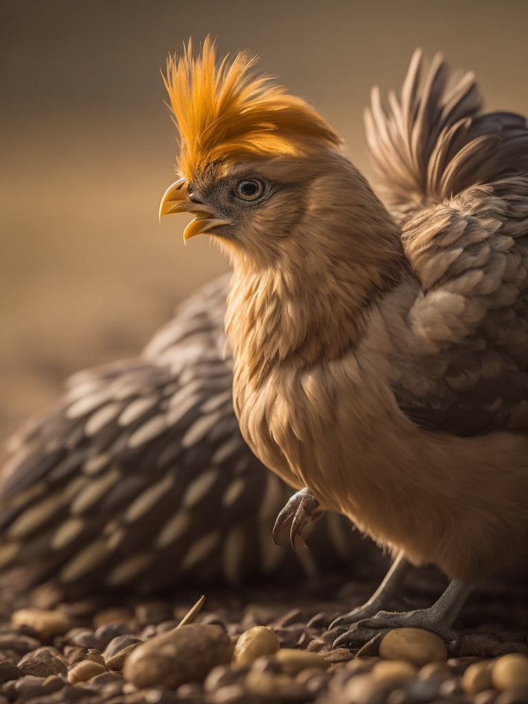 silkie bantam ( chicken) feeding on small pile of grain. plain background