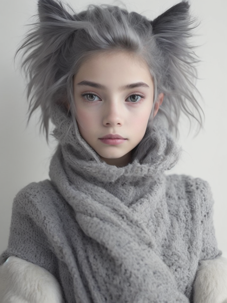 A catgirl with something on her face, in the style of pixelated landscapes, stereoscopic photography, intricate weaving, webcam photography, tabletop photography, rectilinear forms, mcdonaldpunk