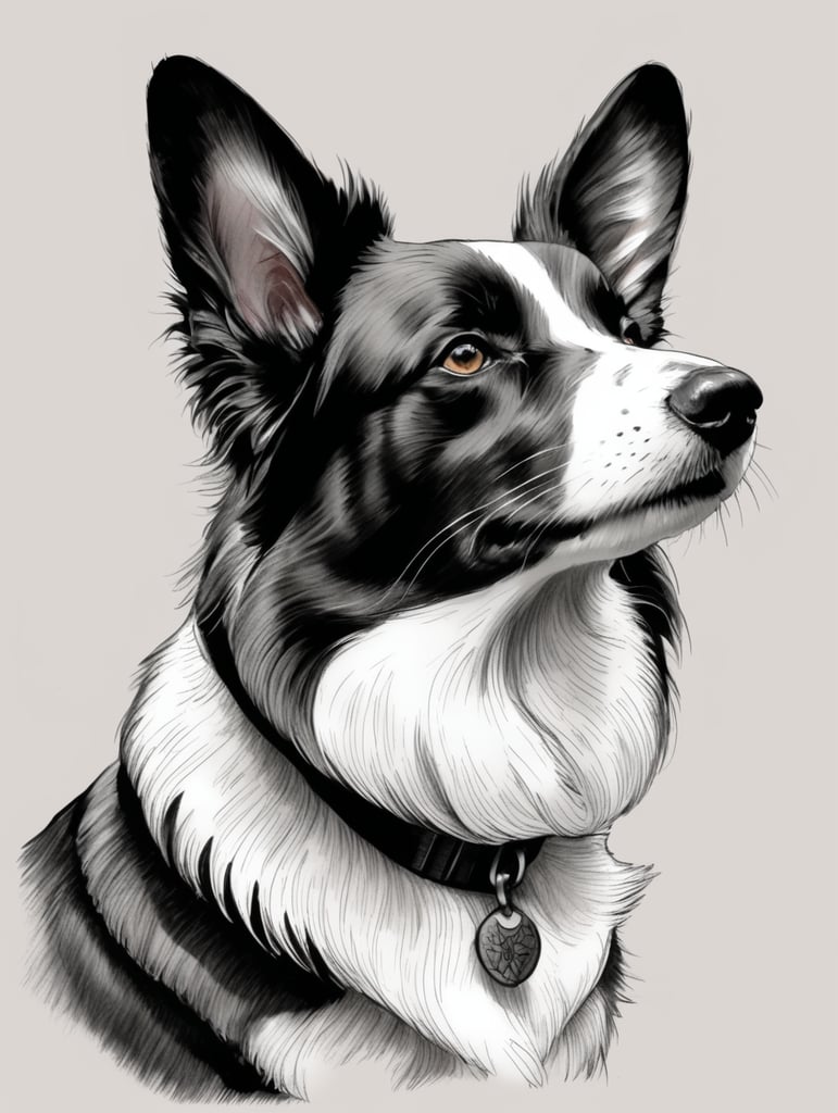 Black and white pen sketch of a cardigan corgi