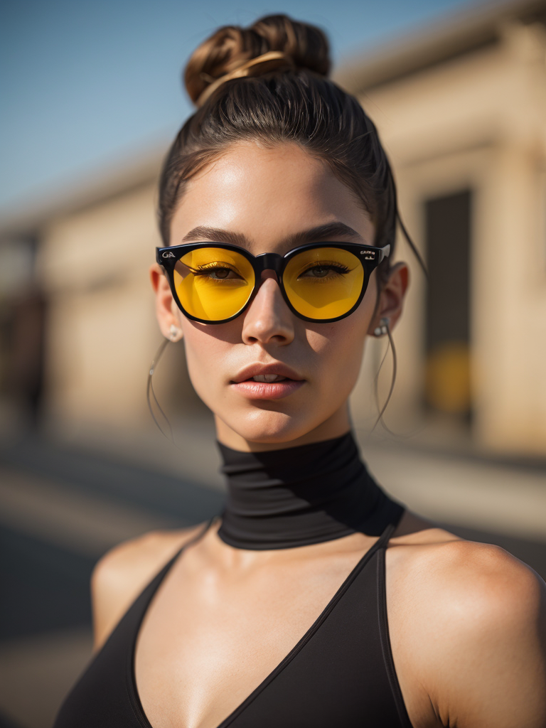 Portrait of a fashion model dressed in a black swimsuit and a yellow transparent sun glasses, Sunny weather, Contrasting light, Hair in a bun