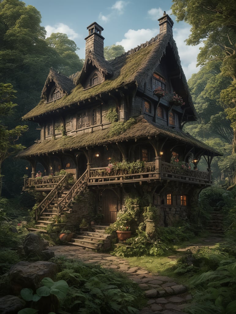 Enchanted woodland cottage in the style of an old studio Ghibli film