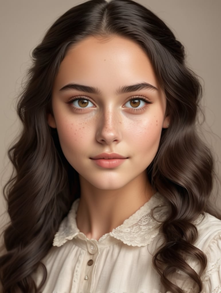 Early Nineteenth century nineteen year old girl, sharp dark brown eyes, small heart shaped face with high cheekbones and fair skin with freckles with dainty nose , long natural wavy hair