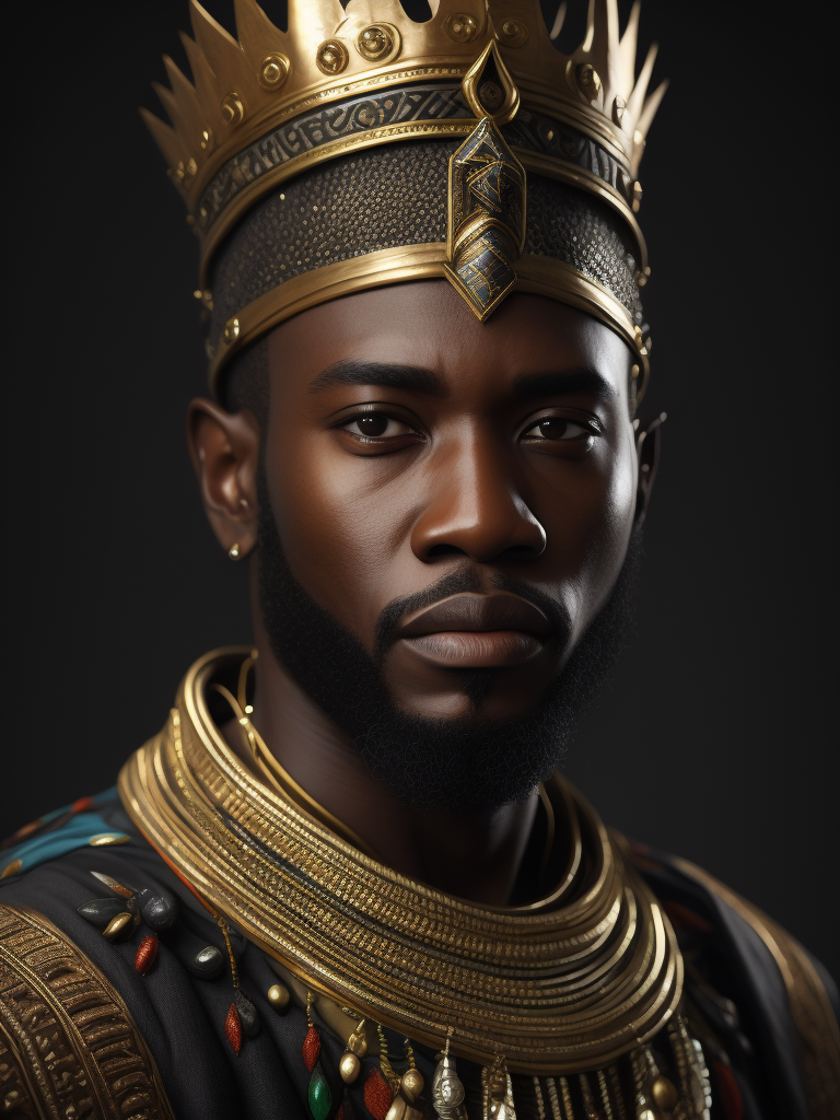 An african king in traditional clothing, portrait, hyper-realistic, dark style, focus on face, sharp on details, black background