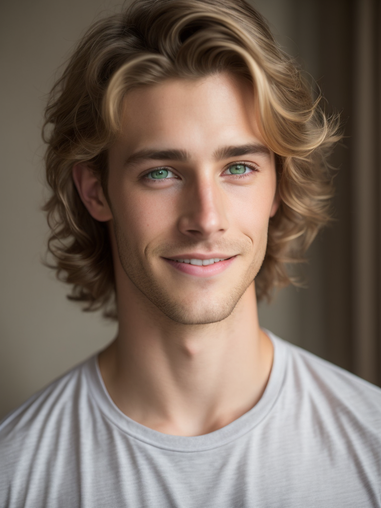 Young man Approximately 24 years old Dirty blonde hair Green eyes Boy-next-door look Handsome Lean but not muscular Smiling Charming