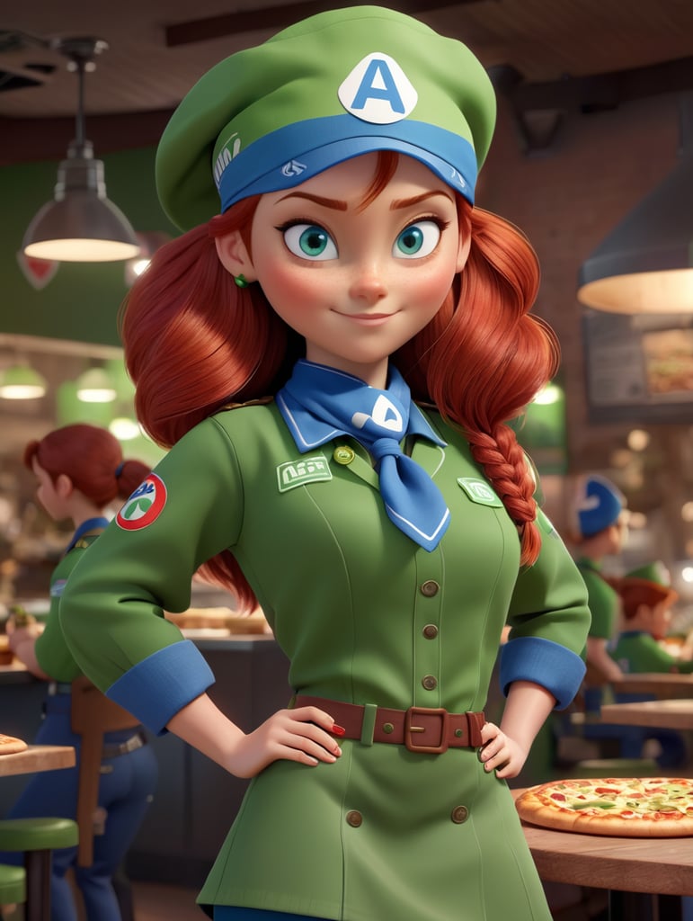 Alena works in a pizzeria. she is slender, red hair, brown hair, blue eyes, wearing a green uniform and bandana