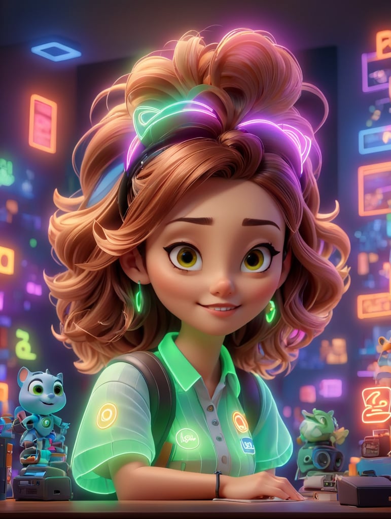 young woman, creative, cool, in a desktop, with neon lights, eCommerce, pixar style, in a big office background