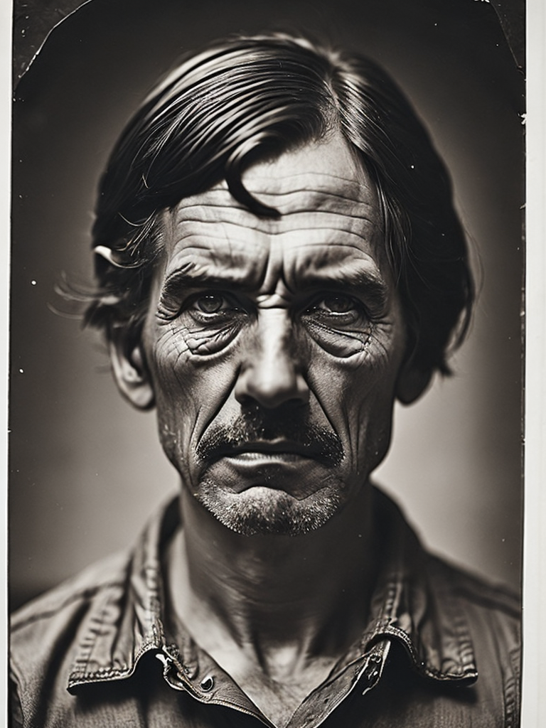 a wet plate photograph of a blind scary man farmer with dark bob haircut, neutral emotions on his face