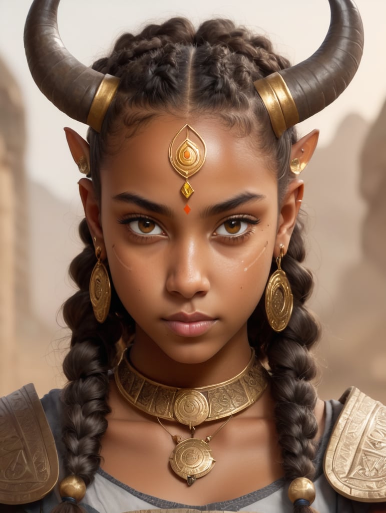 Attractive young teenager girl tiefling with light brown skin, mixed raced, African-european girl, beautiful, stunning, 2 horns, annoyed look in her eyes, golden accessories and drawings on her cheeks like magical runes