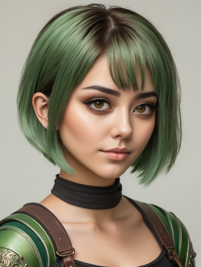 Młoda kobieta o krótkich zielonych włosach z brązowymi pasemkami Ma również drewnianą maskę. Obwudki oczu maski również są zielone tak jak włosy.