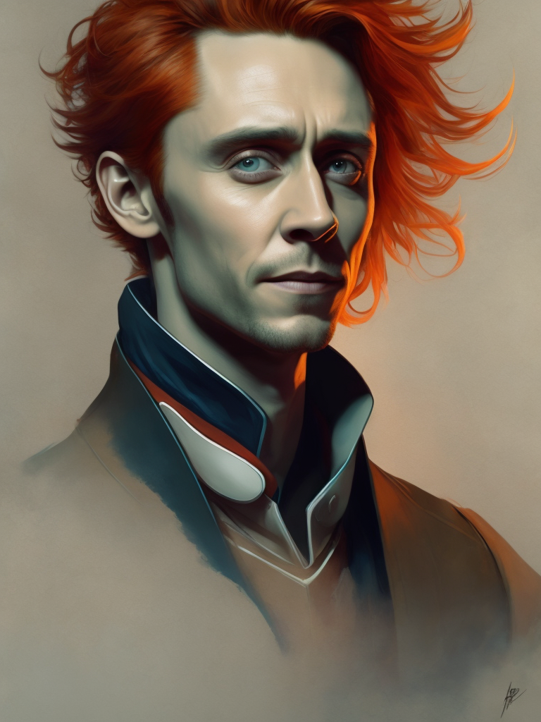 Portrait of Tom hiddleston with red hair in medieval style, detailed face, contrasting light