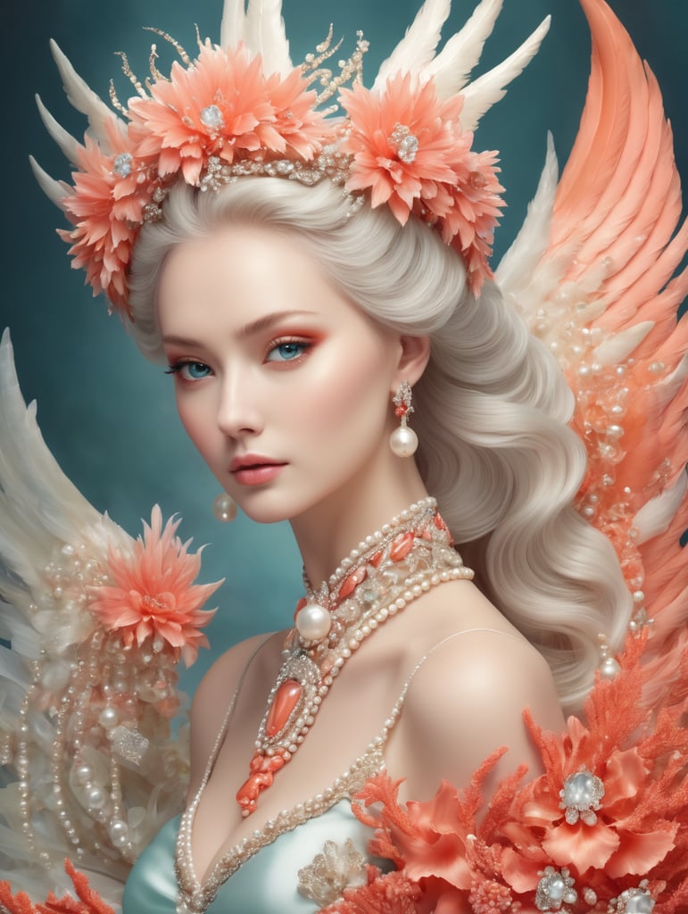 A Sea Phoenix named Pearl with a coral on her head, Placed like a Bow.