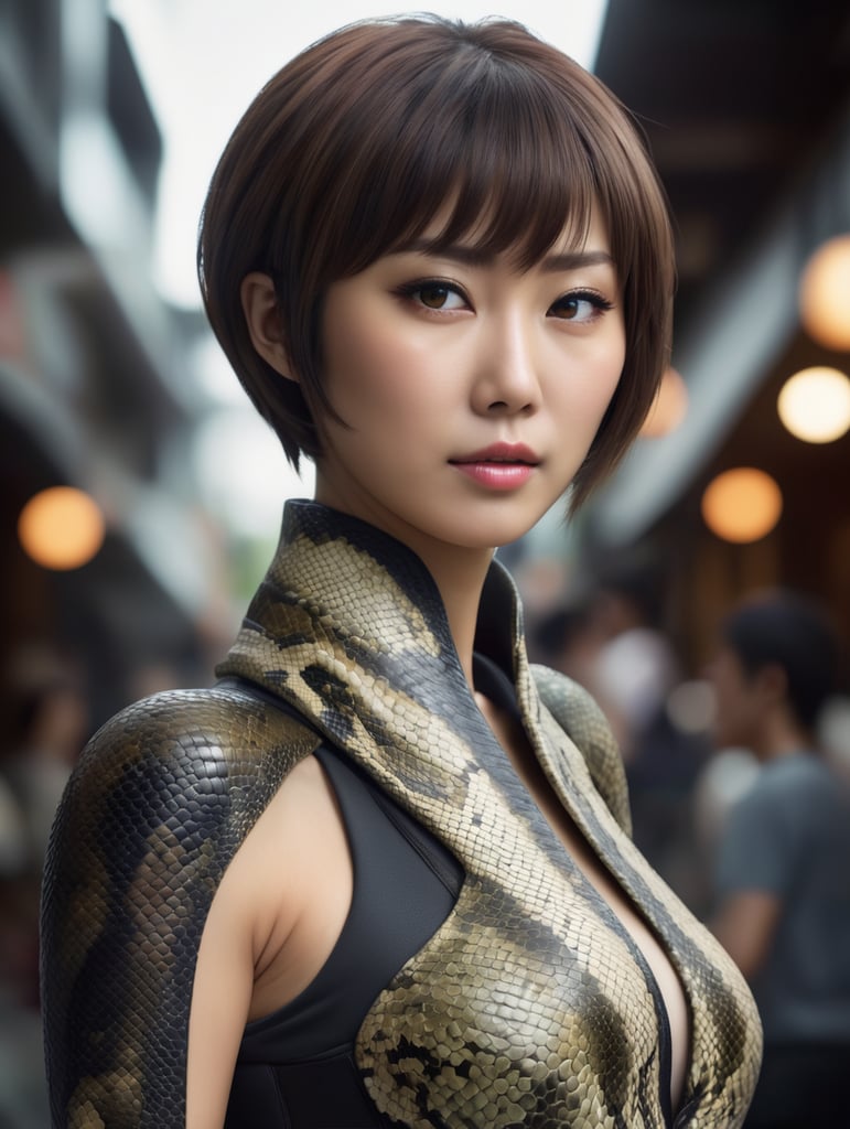 wanita Jepang dengan kostum ular berambut pendek, foto setengah badan, Ultra realistic human photo, realistic, raytracing, Cinematic, Ultra HD, Professional photography, ultrafine detailed, crazy details, intricate details