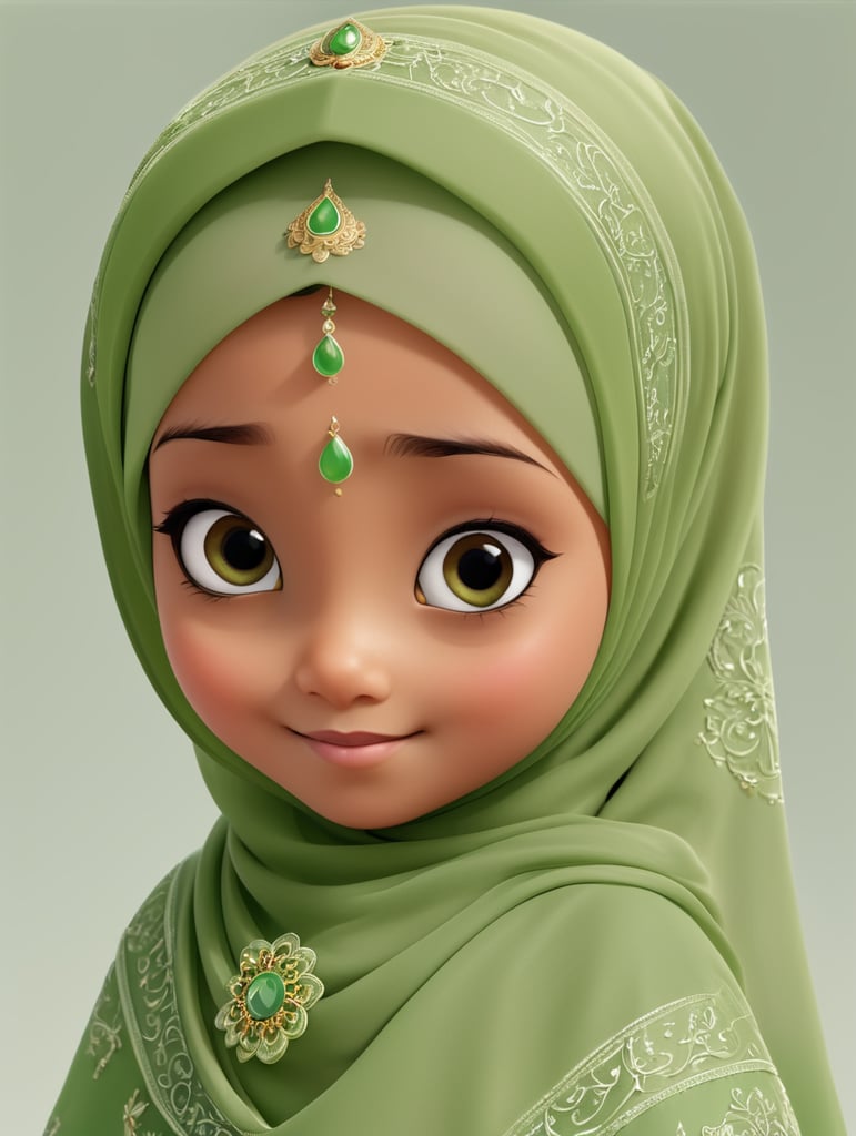 an islamic seven year old little girl wearing a sage green hijab with a transparent background